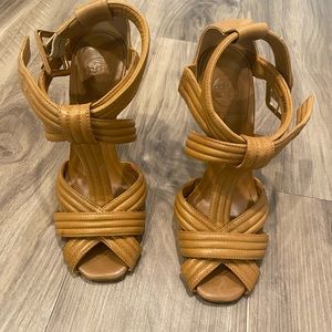 Light brown leather strappy Tory Burch heels
